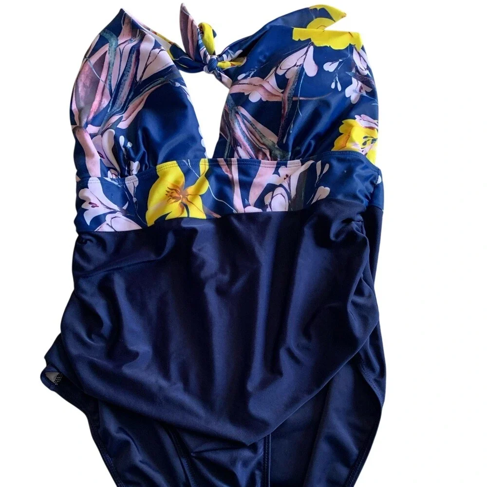 Navy floral one piece Swimsuit, halter neck, size 2XL. Blue/Pink/Yellow …‎